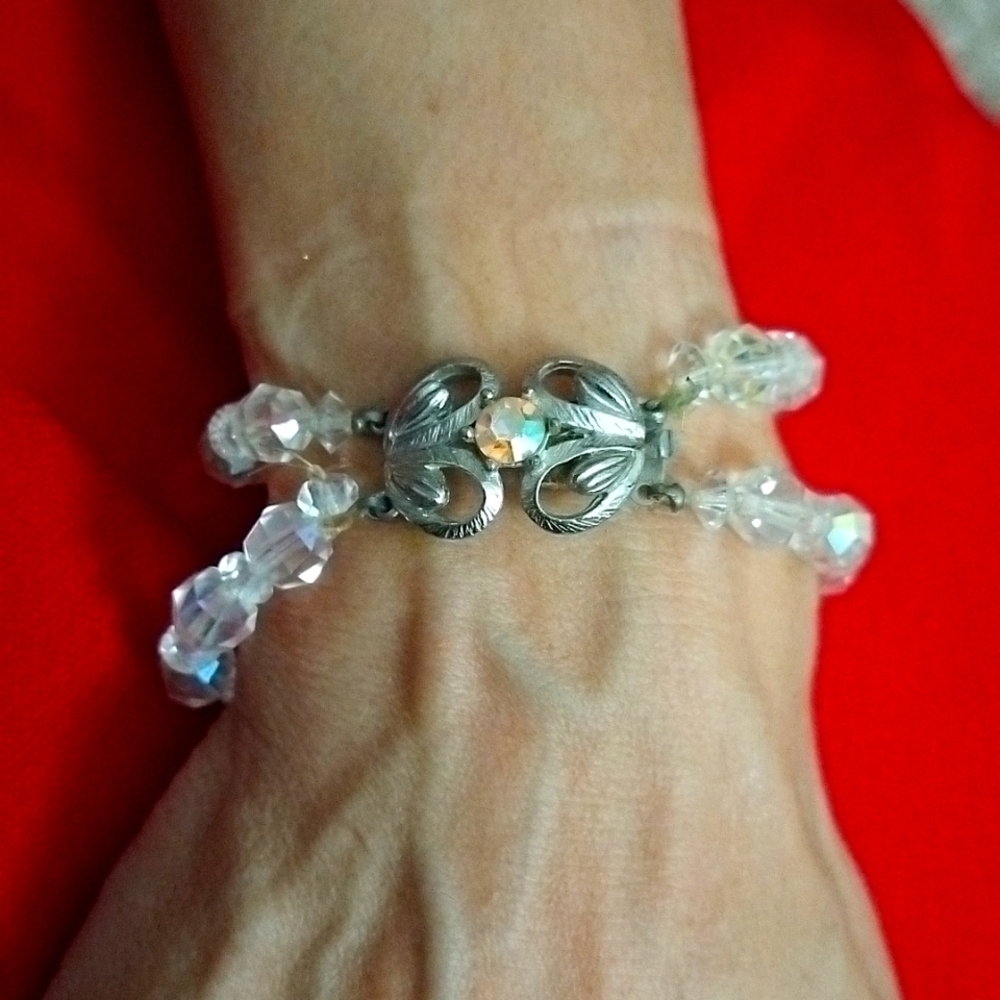 Vintage Estate Small AB Crystal 2 strand bracelet w Ornate Clasp